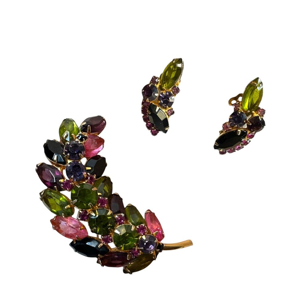 Vintage  Dome Rhinestone Leaf Brooch and Earrings Set